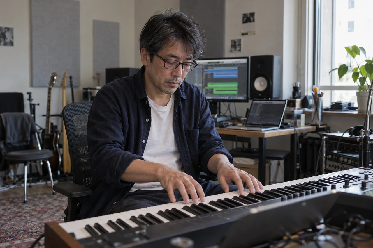 An AI-generated musician playing a keyboard in a recording studio