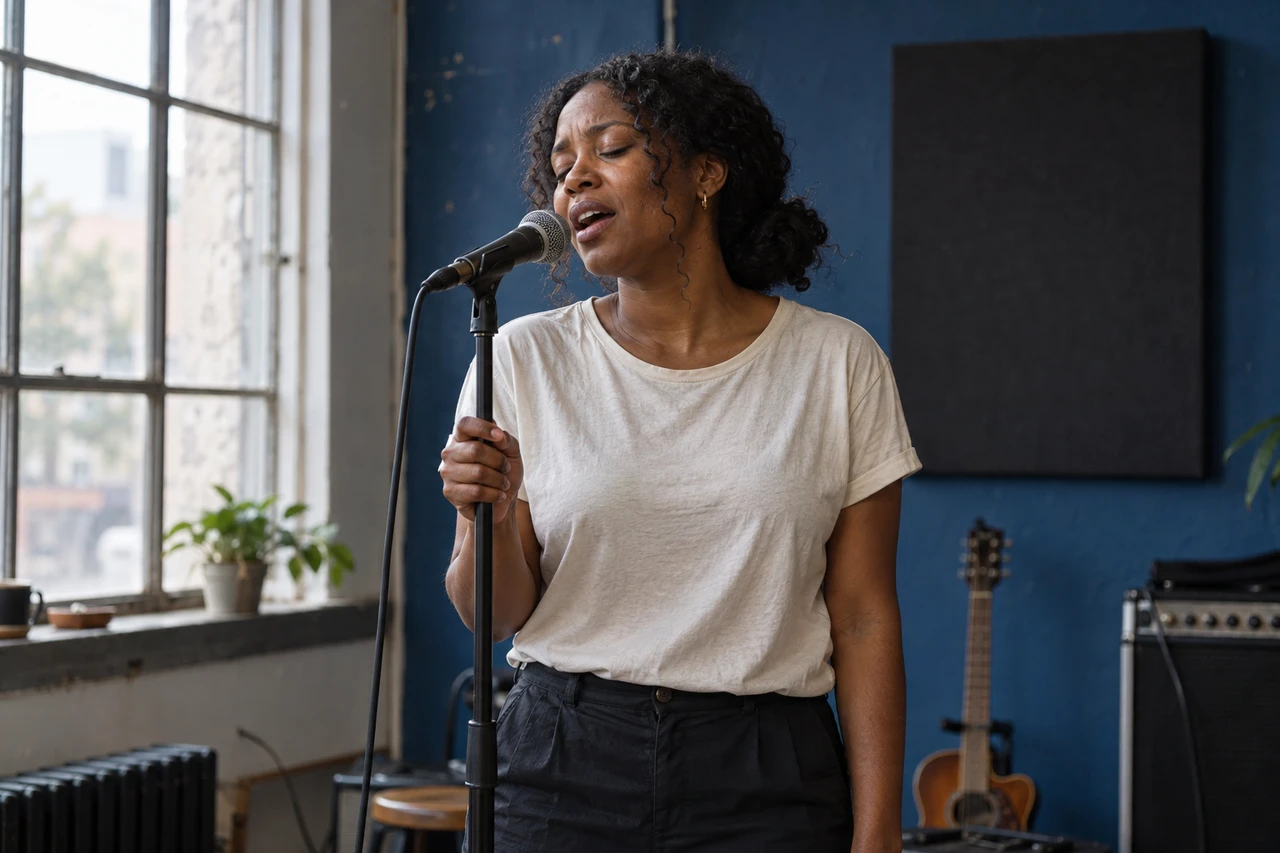 An AI-generated singer performing on a music-video set